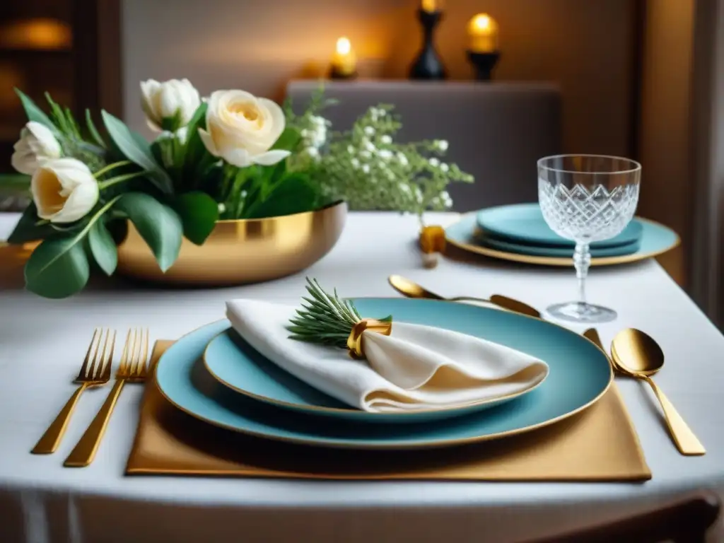 Elegante mesa de comedor con cuberterías italianas de diseñador, fina decoración y ambiente sofisticado