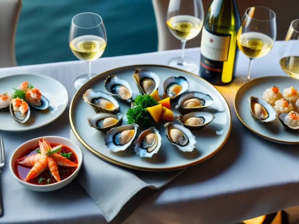 Exquisita mesa de mariscos con Gavi di Gavi y lujo Una elegante mesa de comedor con cubiertos de plata, copas de cristal y exquisitos platillos de mariscos