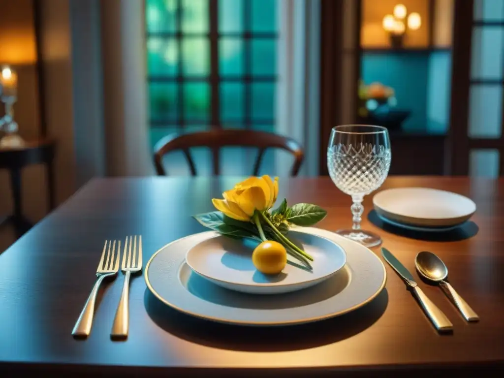 Una elegante mesa italiana con vajilla de cerámica, cubiertos de plata y un centro floral vibrante, creando un ambiente cálido y acogedor