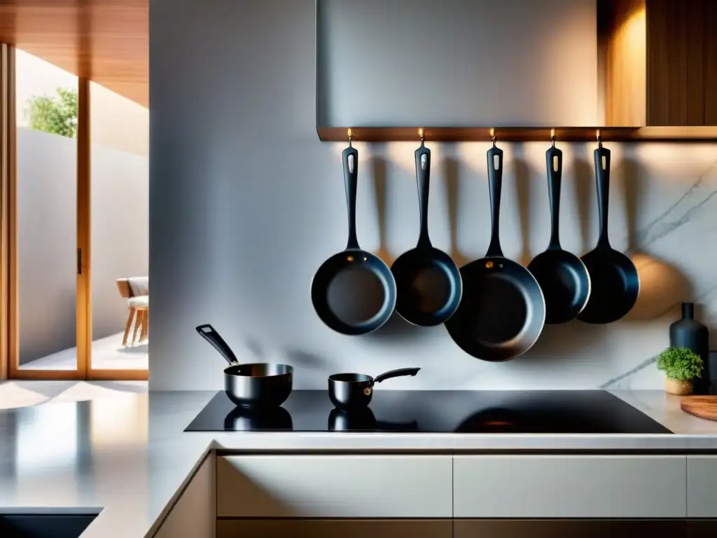 Un elegante y moderno diseño de cocina italiana con utensilios de cocina italianos modernos en un ambiente luminoso y sofisticado