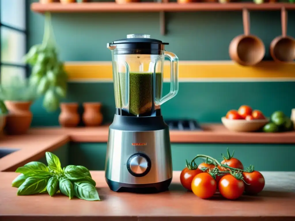 Un elegante y moderno electrodoméstico para cocinar comida italiana rodeado de ingredientes frescos y coloridos en una cocina soleada