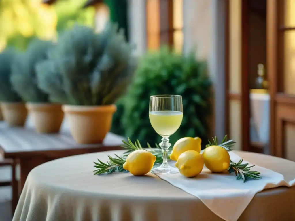 Un elegante montaje de mesa con Limoncello helado, limones frescos y romero, en una villa italiana soleada