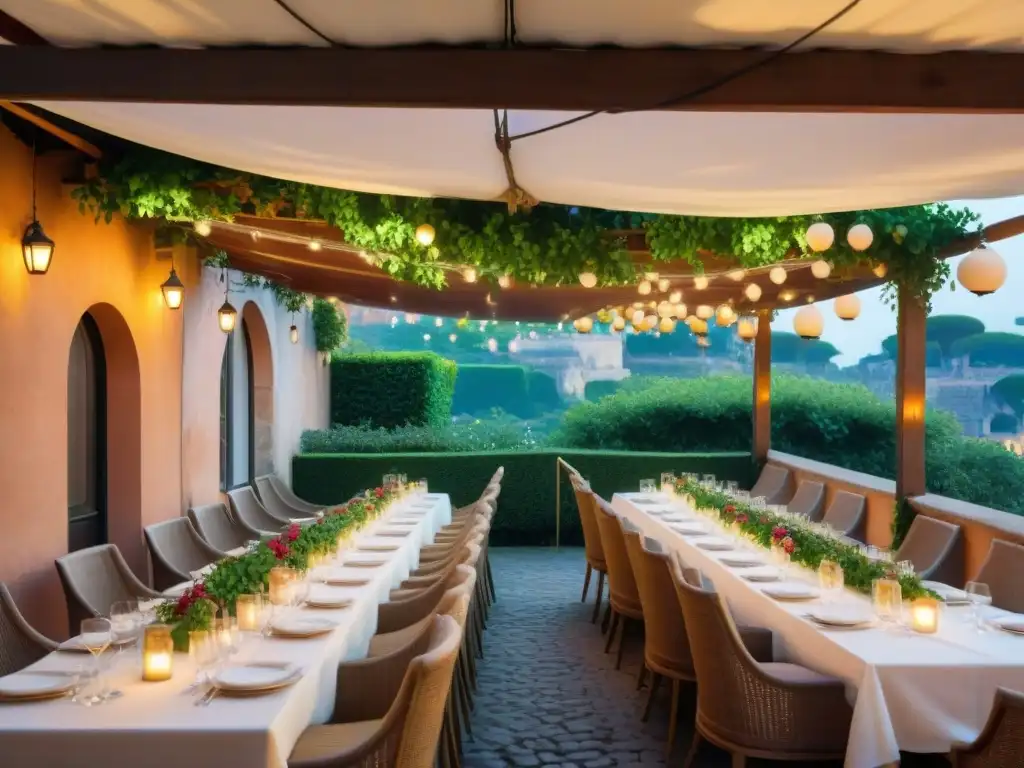 Un elegante restaurante italiano en Roma con lujo y sofisticación bajo las luces de hadas