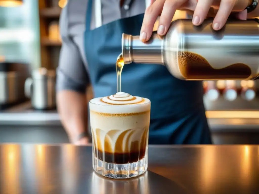 Un elegante preparando un Caffè Shakerato en una cafetería italiana vintage