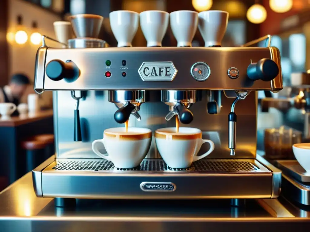 En un emblemático café histórico de Italia, la máquina de espresso tradicional prepara el café perfecto mientras los baristas expertos trabajan