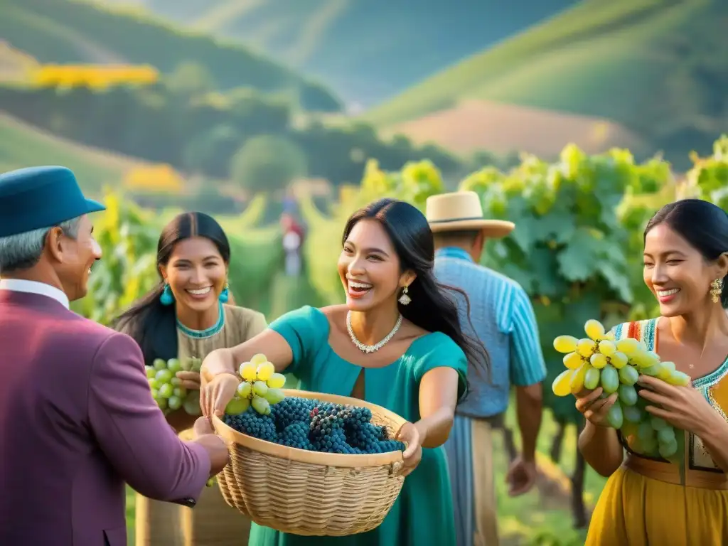 Emotiva celebración ancestral de la Fiesta de la Vendimia con indígenas recolectando uvas bajo el sol, transmitiendo alegría y tradición