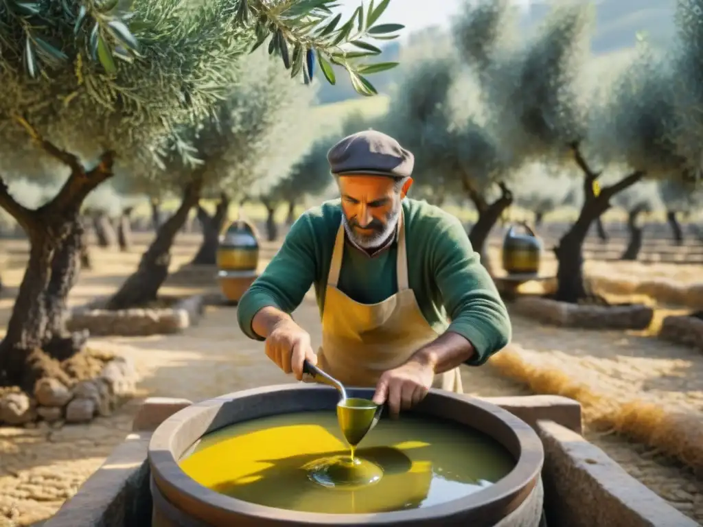 Emotiva escena de proceso elaboración aceite oliva en campo italiano: agricultores cosechando aceitunas bajo el sol