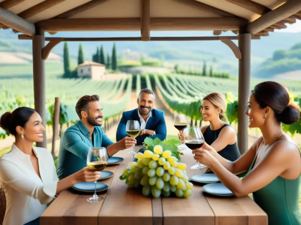 Emotivo taller de vinos italianos historia en viñedo con gente diversa disfrutando cata