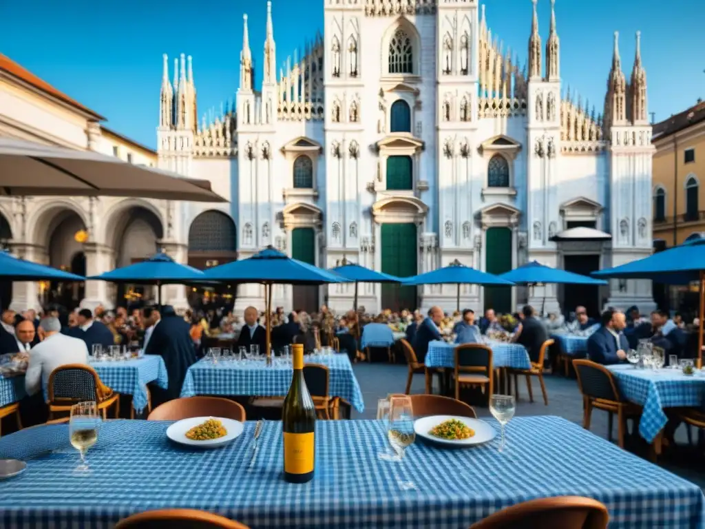 Encantador café al aire libre en Milán con mesas elegantes, platos italianos y el Duomo al fondo