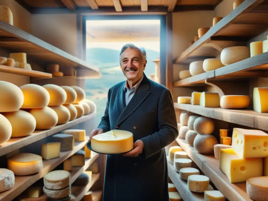 Un encantador comercio de quesos familiares en la Toscana, con quesos italianos raros y un experto explicando su singularidad a clientes interesados