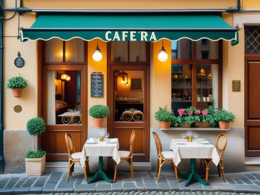 Un encantador café histórico menos conocido en Italia, con un exterior pintoresco y acogedor bañado por la luz dorada del atardecer