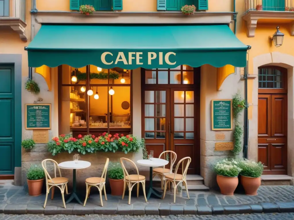 Encantador café histórico en Italia con detalles de hierro forjado y flores coloridas