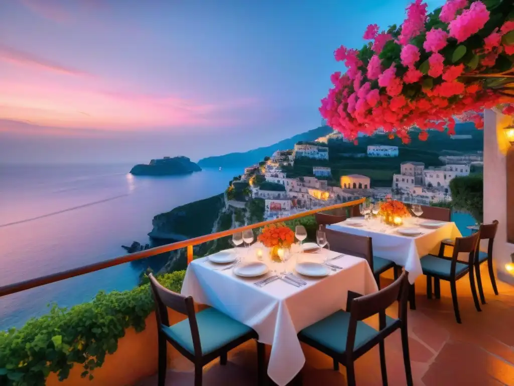 Un encantador restaurante italiano en un acantilado con vistas al mar Mediterráneo al atardecer