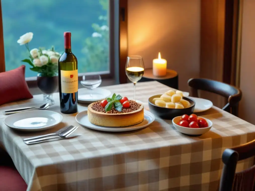 Encantadora cena italiana romántica en mesa decorada con velas y exquisitos platillos