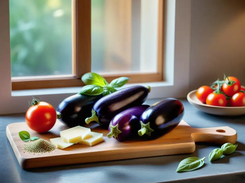 Una encantadora cocina italiana rústica con ingredientes frescos para una receta de berenjenas al horno Parmesana