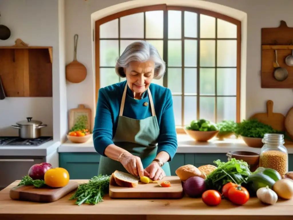 Encantadora cocina italiana donde la tradición minimiza desperdicio con una mujer preparando panzanella