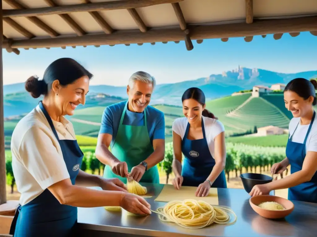 Una encantadora escena de agroturismo en la campiña italiana, donde una nonna enseña a hacer pasta a estudiantes diversos