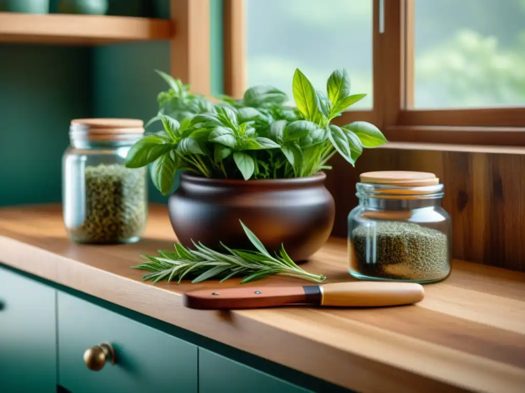 Una encantadora escena de conservación de hierbas frescas en una cocina italiana rústica