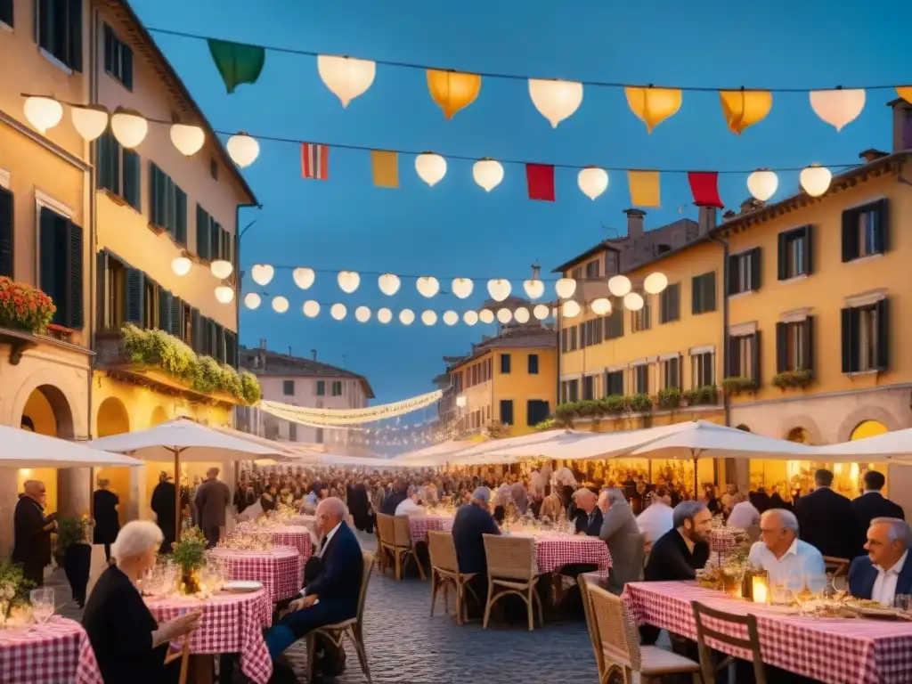 Una encantadora piazza italiana al atardecer, con cafés al aire libre, luces y gente disfrutando de una fiesta italiana ambiente perfecto