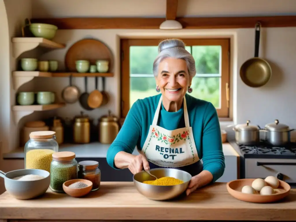 Encantadora italiana remueve olla en cocina vintage, rodeada de libros de recetas