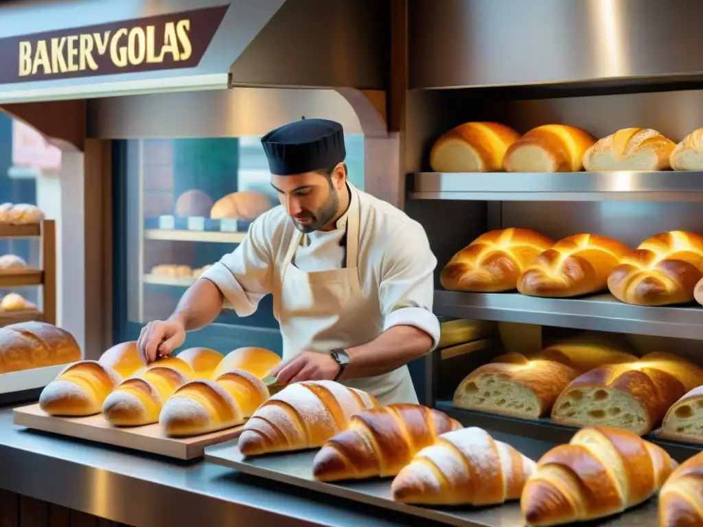 Encantadora panadería italiana con variedad de panes, croissants y pasteles, evocando lo mejor del turismo gastronómico en Italia