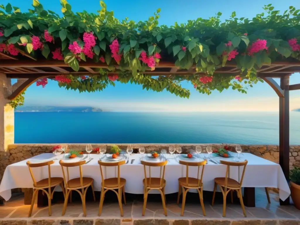 Una encantadora terraza de restaurante italiano tradicional en la Costa Amalfitana, con una cocina tradicional italiana Costa Amalfitana