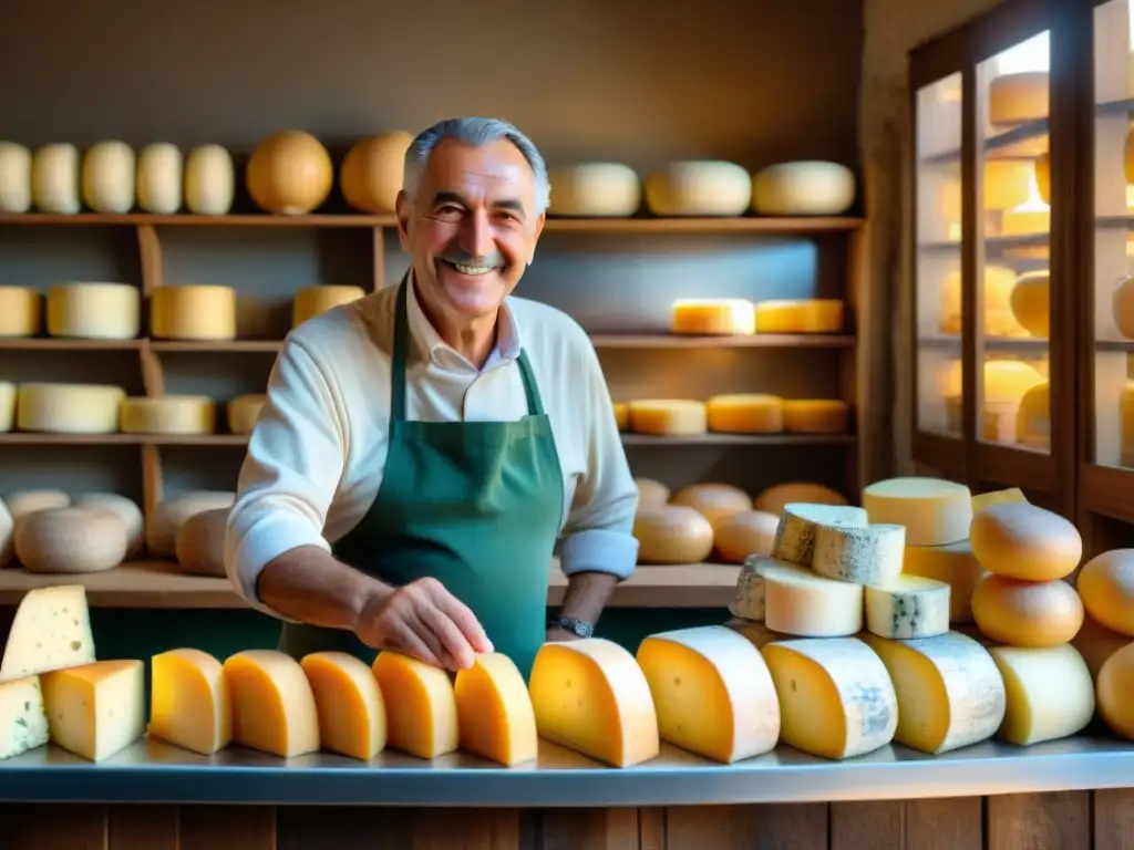 Encantadora tienda de quesos italianos menos conocidos en un pintoresco pueblo, con ruedas de queso y un dueño amable