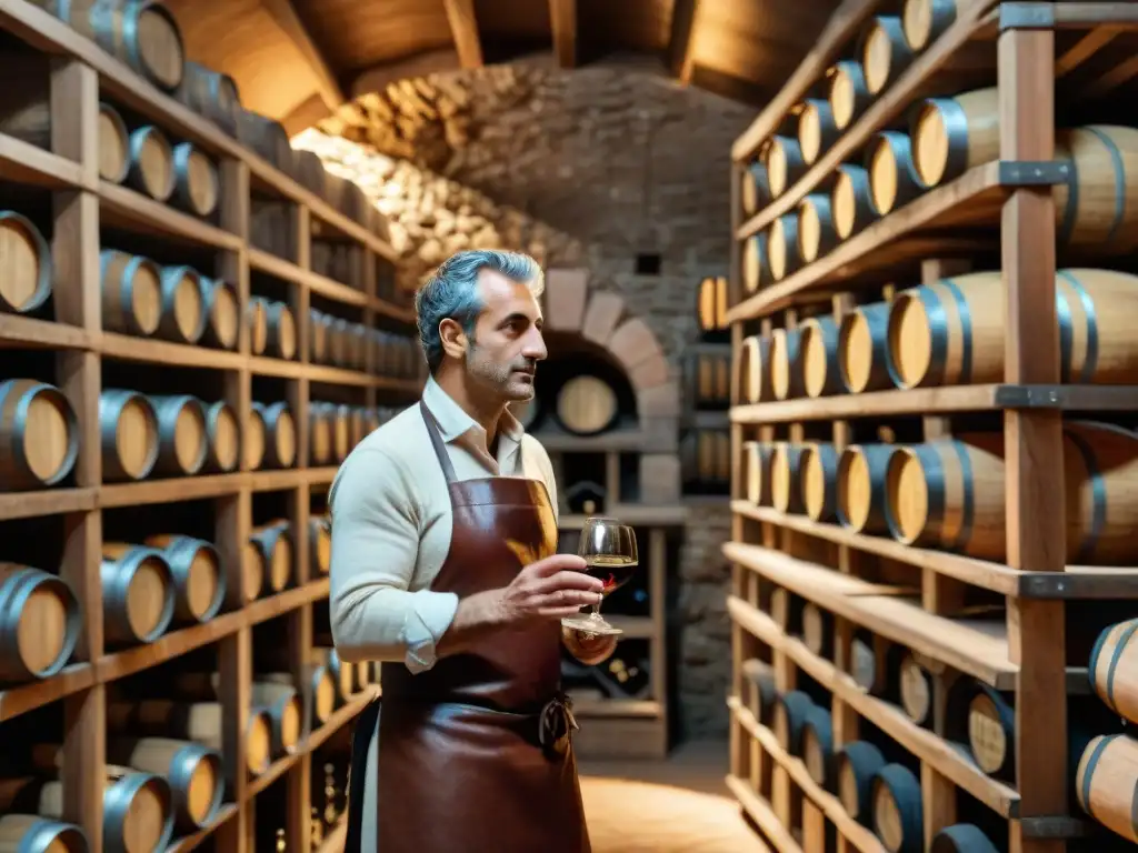 Un enólogo italiano en una bodega tradicional inspeccionando la fermentación en el aperitivo italiano