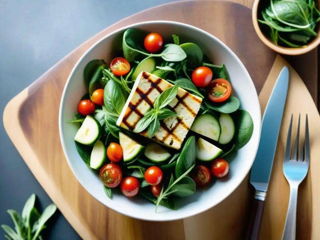 Una ensalada italiana vegana colorida y vibrante en una mesa rústica de madera