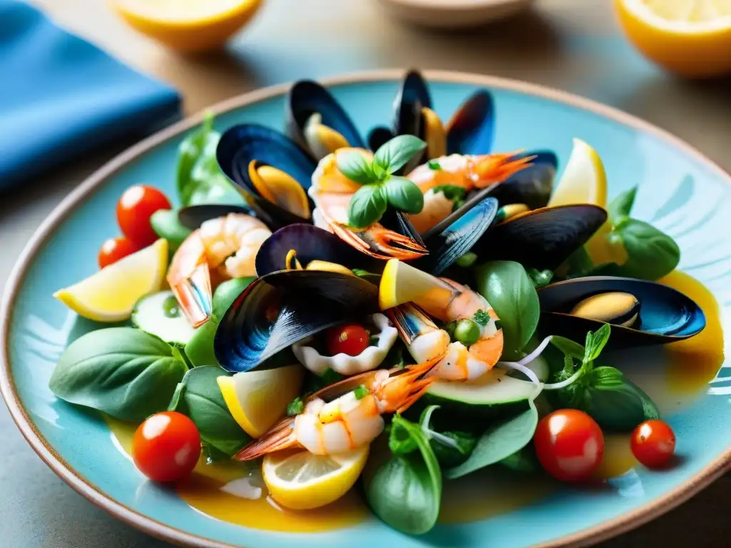 Una ensalada de mariscos italiana fresca y tradicional junto al mar Mediterráneo