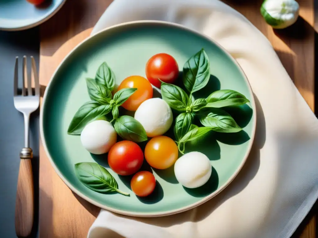 Ensalada Caprese receta tradicional: Una mesa rústica con tomates, mozzarella y albahaca fresca, bañados por la luz del sol