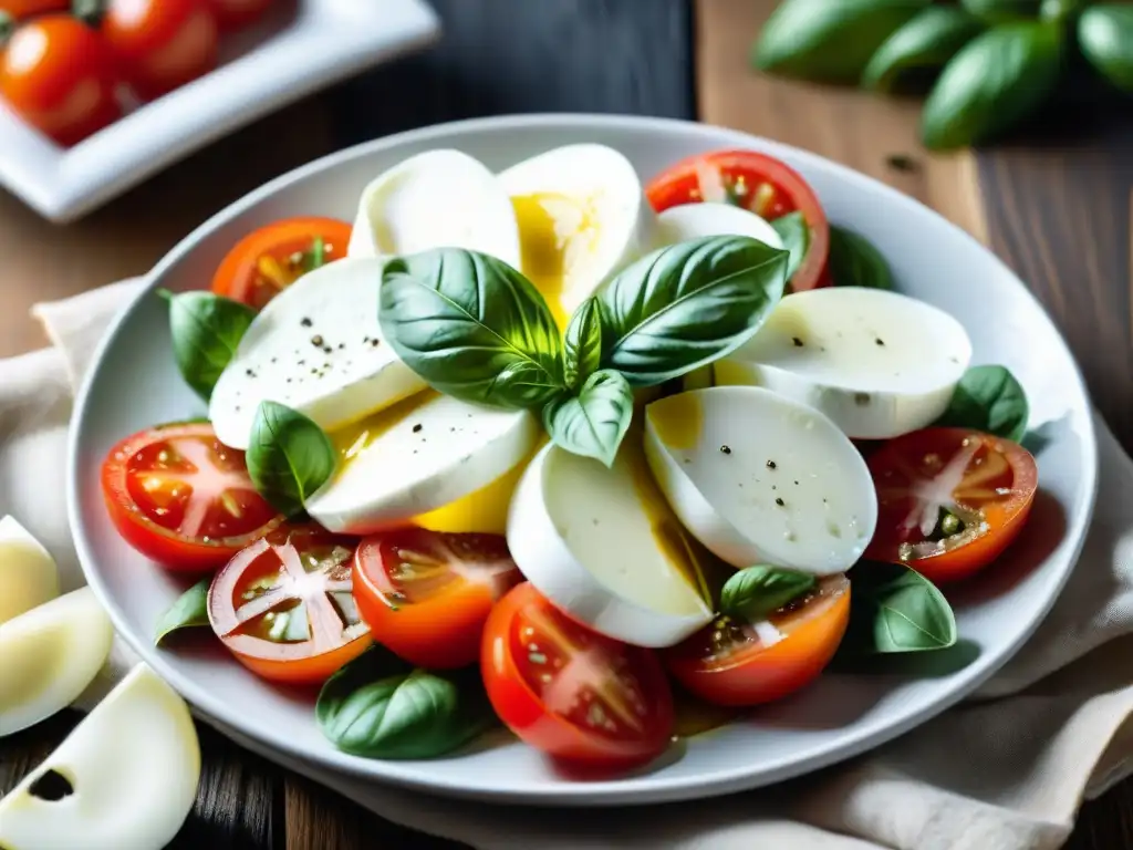 Una Ensalada Caprese receta tradicional: tomates rojos, albahaca verde y mozzarella en un plato de madera con aceite de oliva y sal