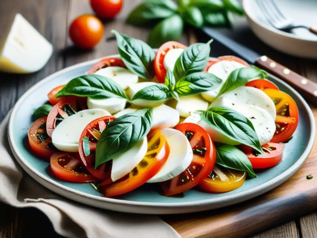 Ensalada Caprese receta tradicional: vibrante y colorida, con tomates rojos, mozzarella cremosa y albahaca fresca en mesa de madera rústica