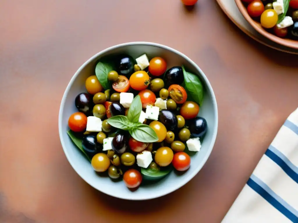 Una ensalada mediterránea vibrante y fresca, con ingredientes que destilan frescura y nutrición