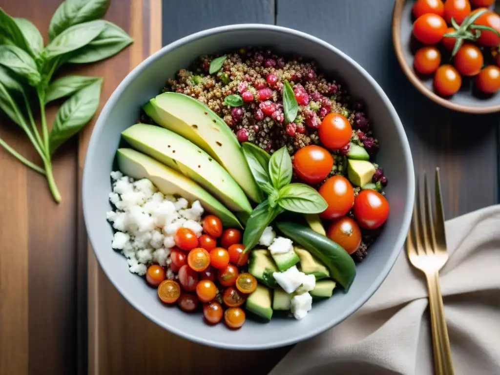 Una ensalada vibrante de quinoa italiana con ingredientes frescos y coloridos en una mesa de madera rústica