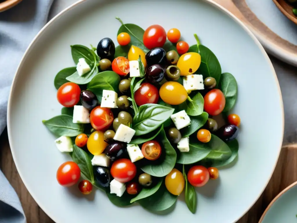 Una ensalada mediterránea vibrante con tomates cherry, pepino, albahaca, aceitunas Kalamata, queso feta y aceite de oliva