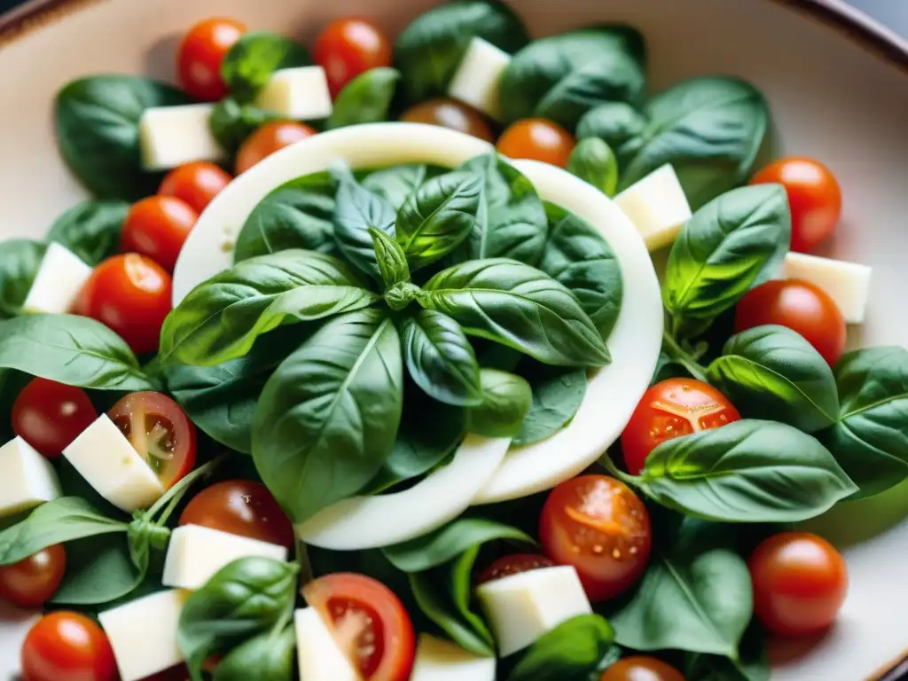 Ensaladas italianas frescas y tradicionales: Una exquisita representación de la bandera italiana con tomates rojos, albahaca verde y mozzarella blanca