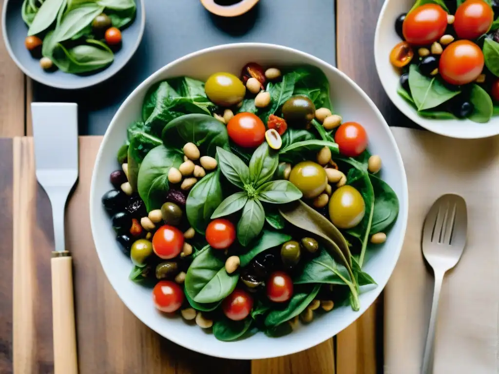 Ensaladas italianas con ingredientes veganos: variedad de colores y sabores frescos, arte culinario en cada detalle