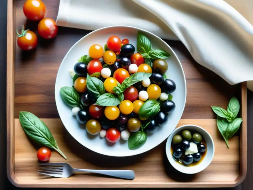 Ensaladas italianas recetas equilibradas: Ingredientes frescos y coloridos en una mesa rústica, bañados por la luz natural del sol