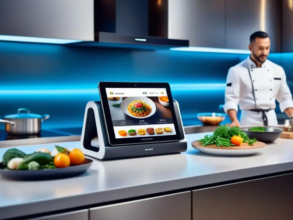 Un entorno culinario futurista con soportes tablet cocina chefs digitales y una receta vibrante en pantalla