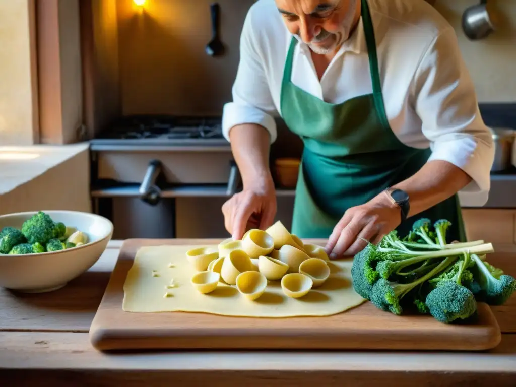 Una entrañable nonna italiana moldea orecchiette en una cocina rústica de Puglia con receta de orecchiette con broccoli di rape