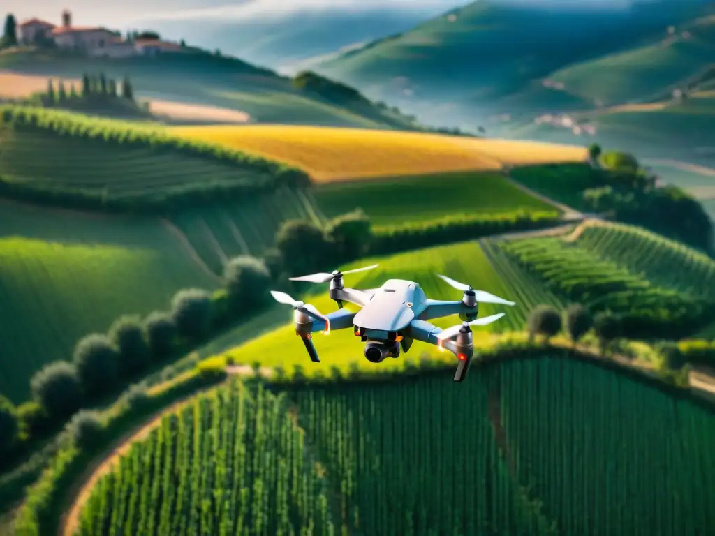 Entrega de comida italiana con drones sobre paisaje rural encantador en Italia