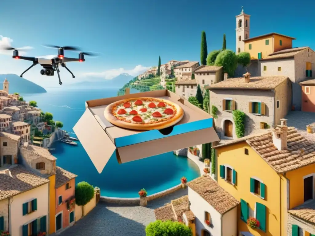 Entrega de comida italiana con drones sobre un pintoresco pueblo italiano