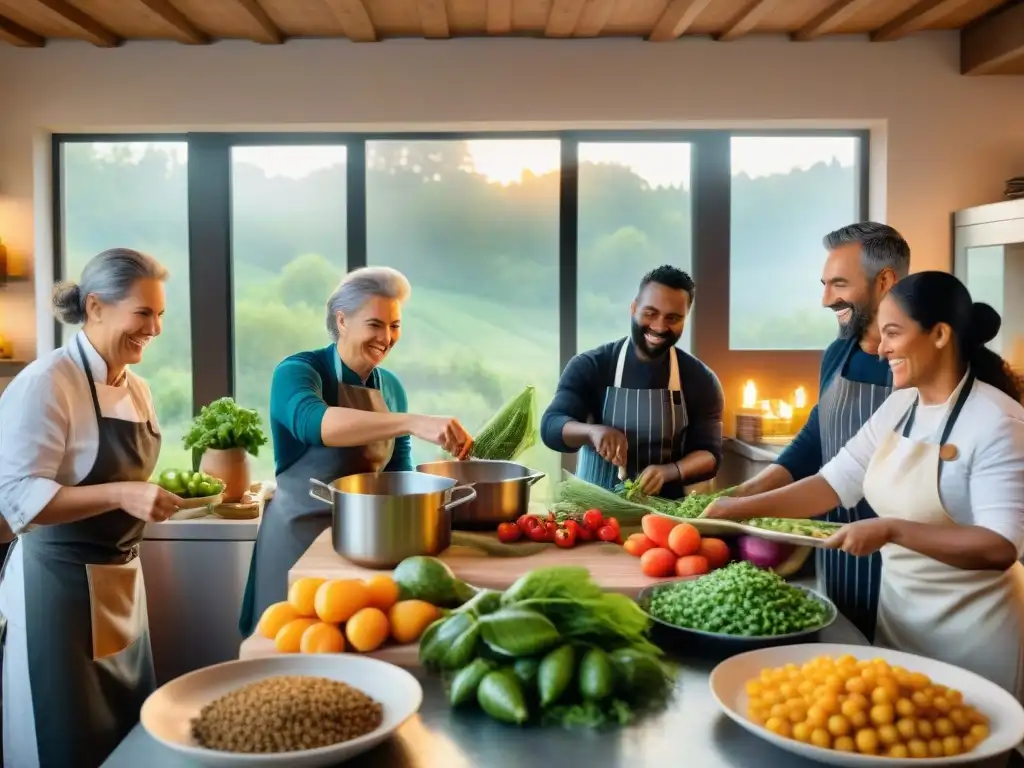 Un equipo de apasionados chefs y voluntarios colaborando en una cocina italiana rústica, rodeados de productos frescos y una cálida luz de atardecer