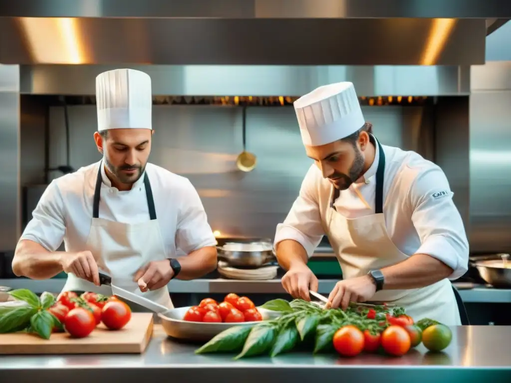 Un equipo de chefs italianos preparando ingredientes frescos con precisión en una bulliciosa cocina