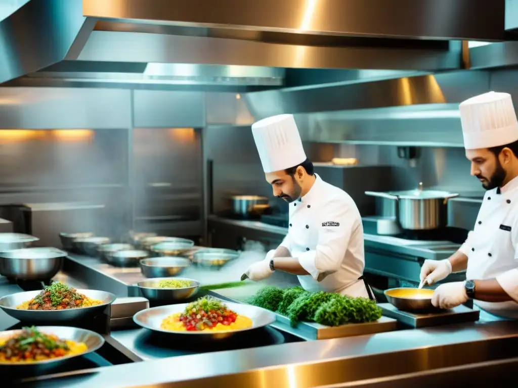 Equipo de chefs en restaurante italiano galardonado preparando platos con pasión y precisión en cocina abierta