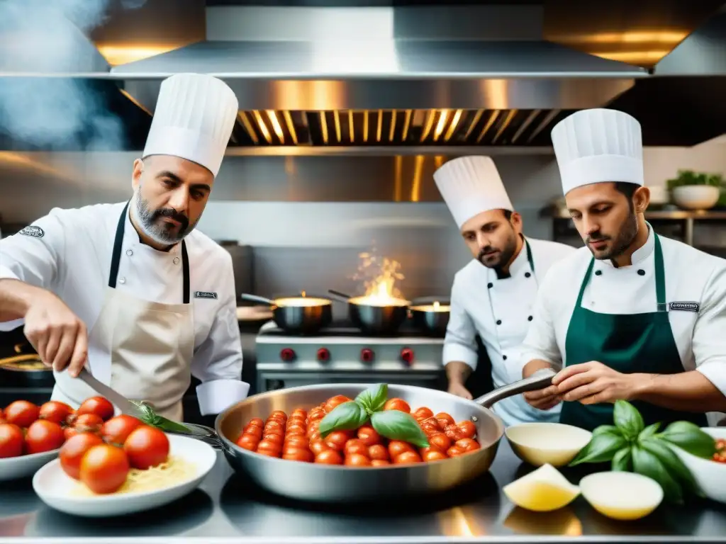 Un equipo de cocineros italianos innovadores preparando platos con pasión y creatividad