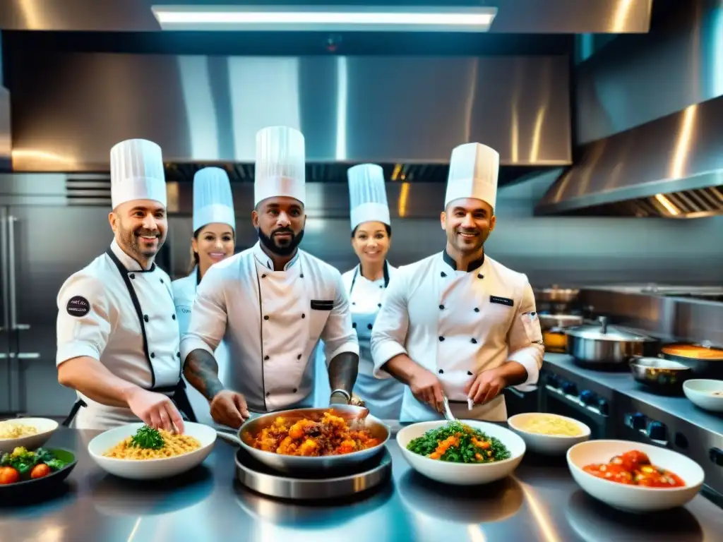 Un equipo diverso de chefs en una cocina bulliciosa preparando platos italianos, fusionando sabores y culturas en armoniosa colaboración