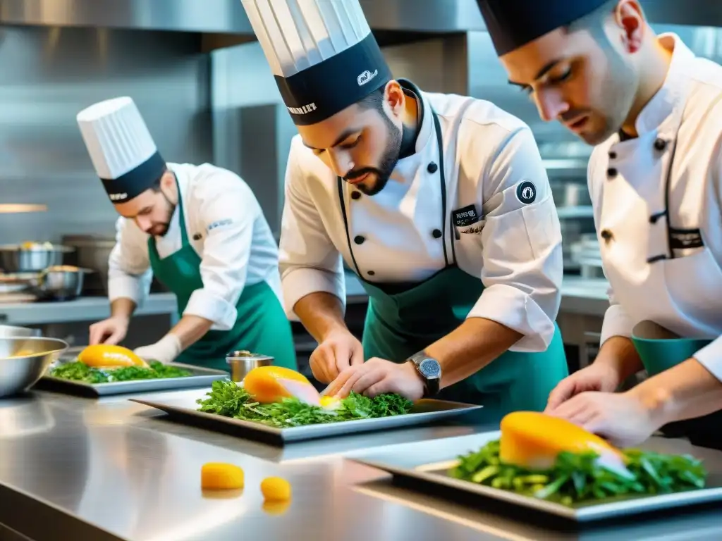 Un equipo de jóvenes chefs italianos estrella Michelin en una cocina profesional, concentrados en sus tareas culinarias con pasión y precisión