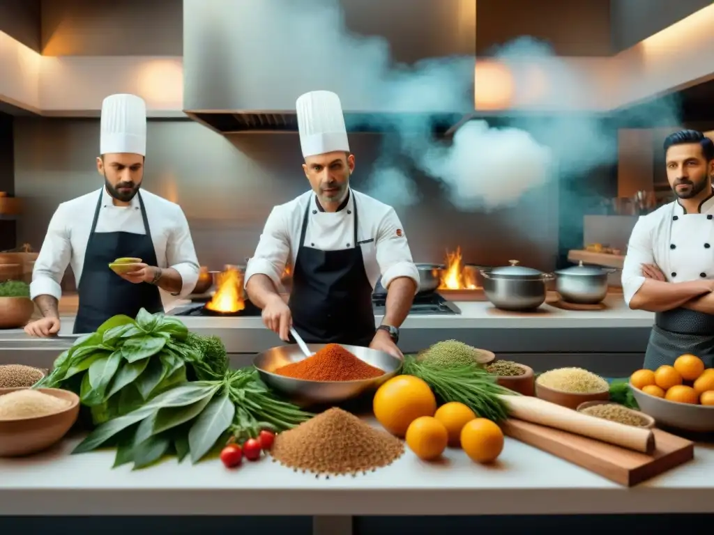 Equipo multicultural de chefs preparando postres italianos con toque étnico en cocina vibrante y colaborativa